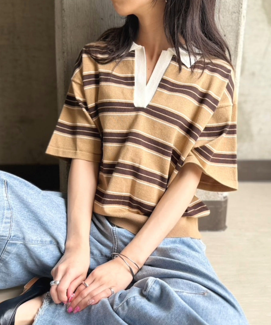 ポロ襟 スキッパー 半袖ニットプルオーバー