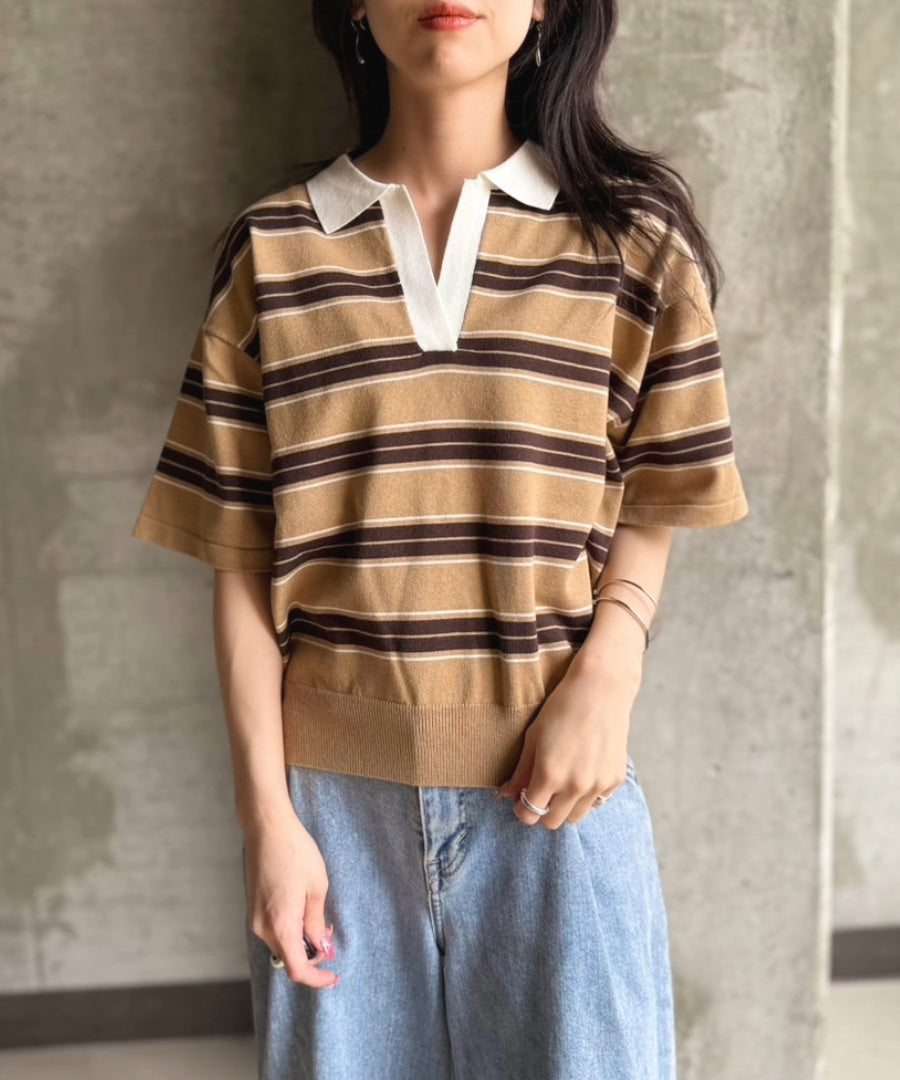 ポロ襟 スキッパー 半袖ニットプルオーバー