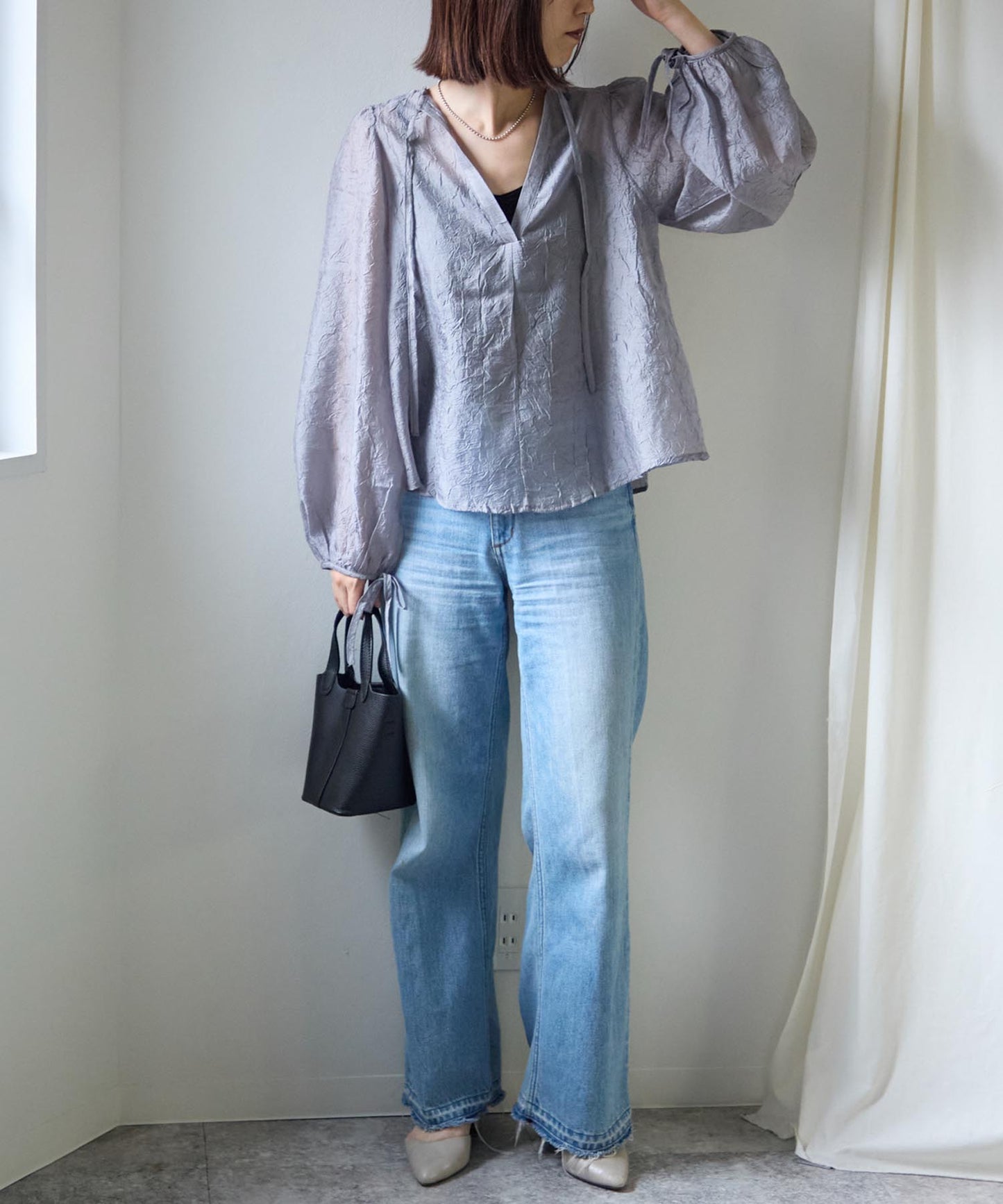 バックリボンクリンクルブラウス