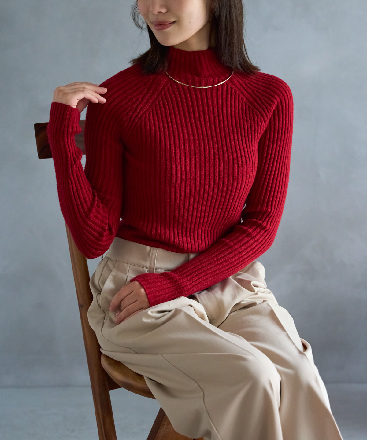 ボトルネックリブニットプルオーバー