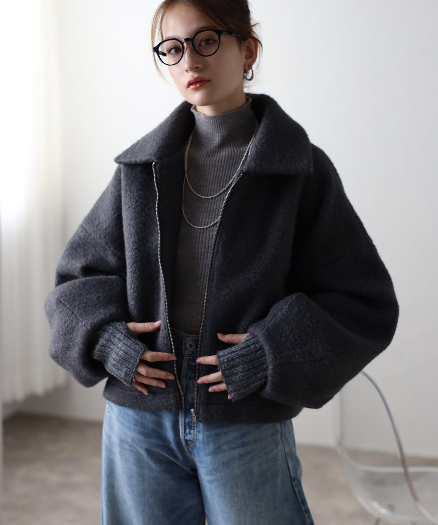 ショート丈 ボリュームスリーブ ボアジャケット