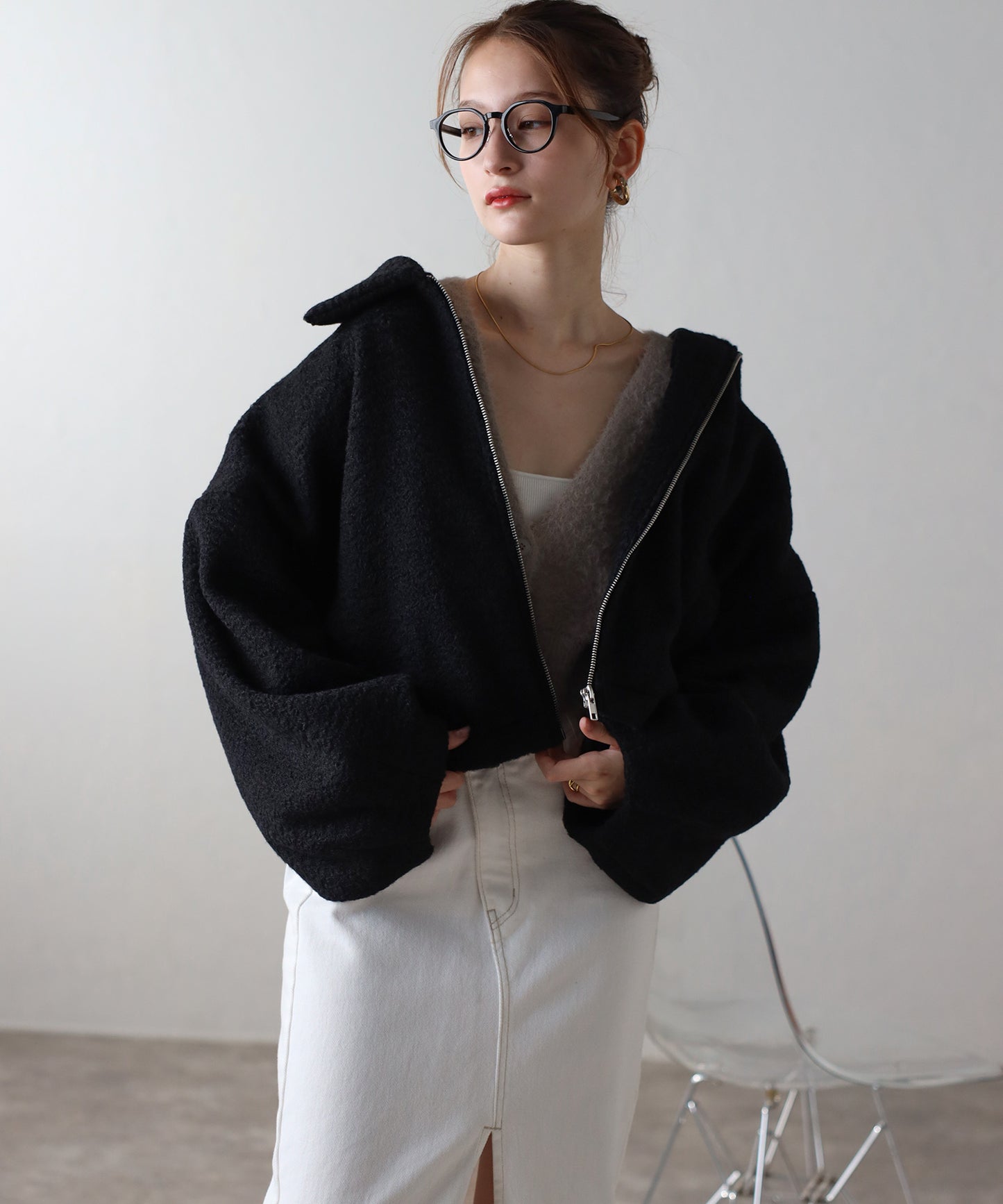 ショート丈 ボリュームスリーブ ボアジャケット