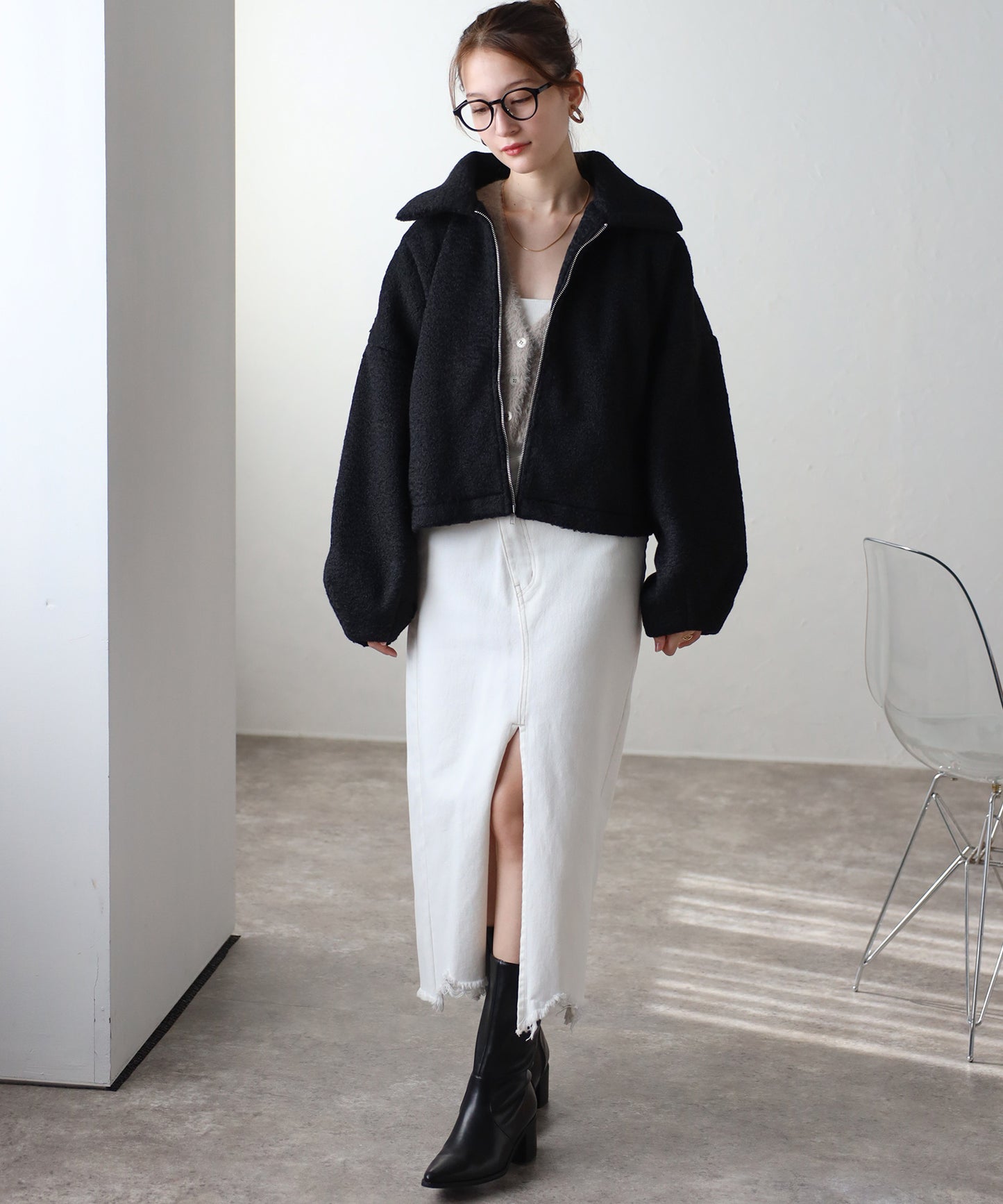 ショート丈 ボリュームスリーブ ボアジャケット