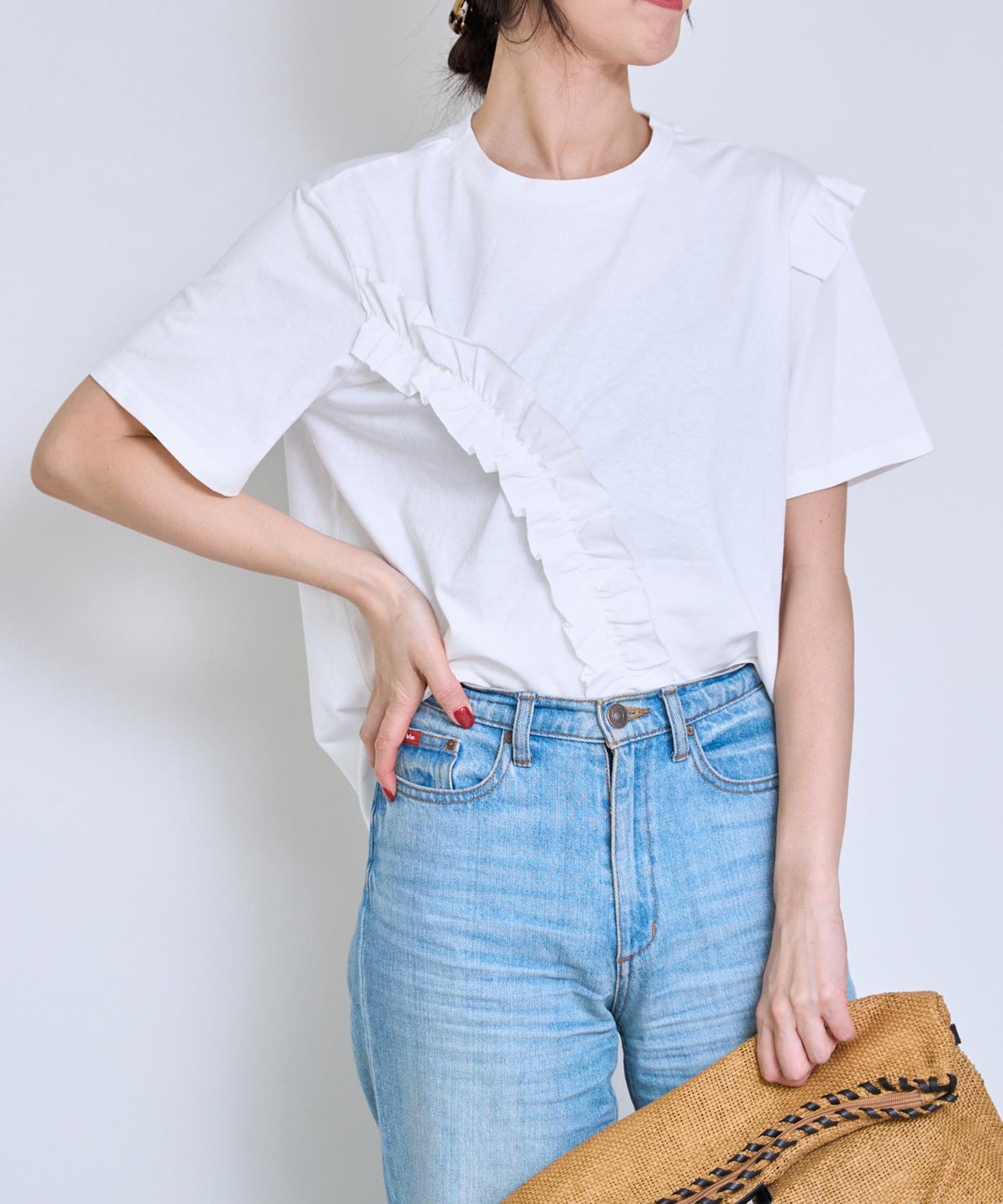 アシンメトリーフリル半袖Tシャツ