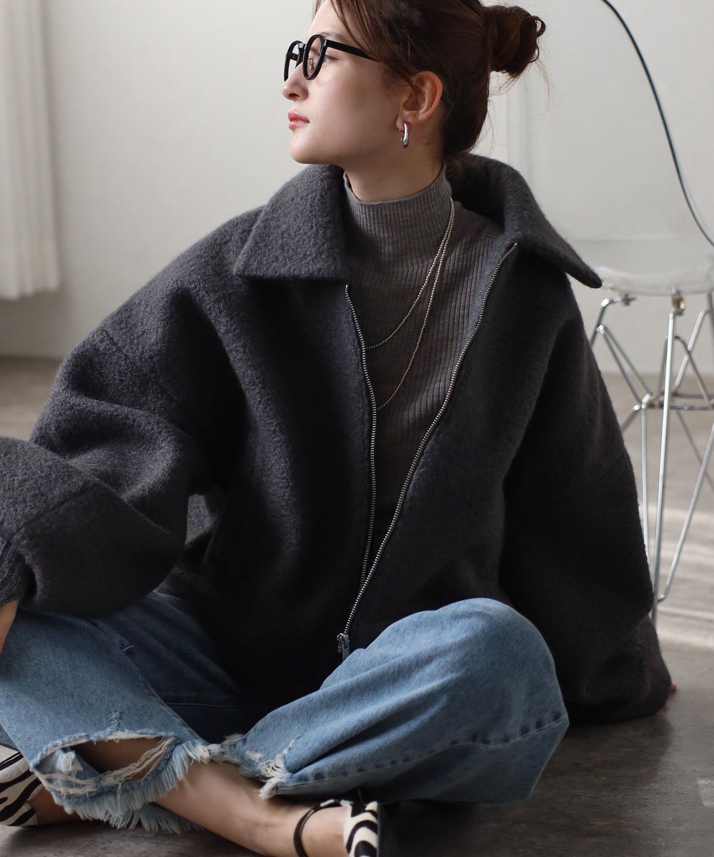 ショート丈 ボリュームスリーブ ボアジャケット