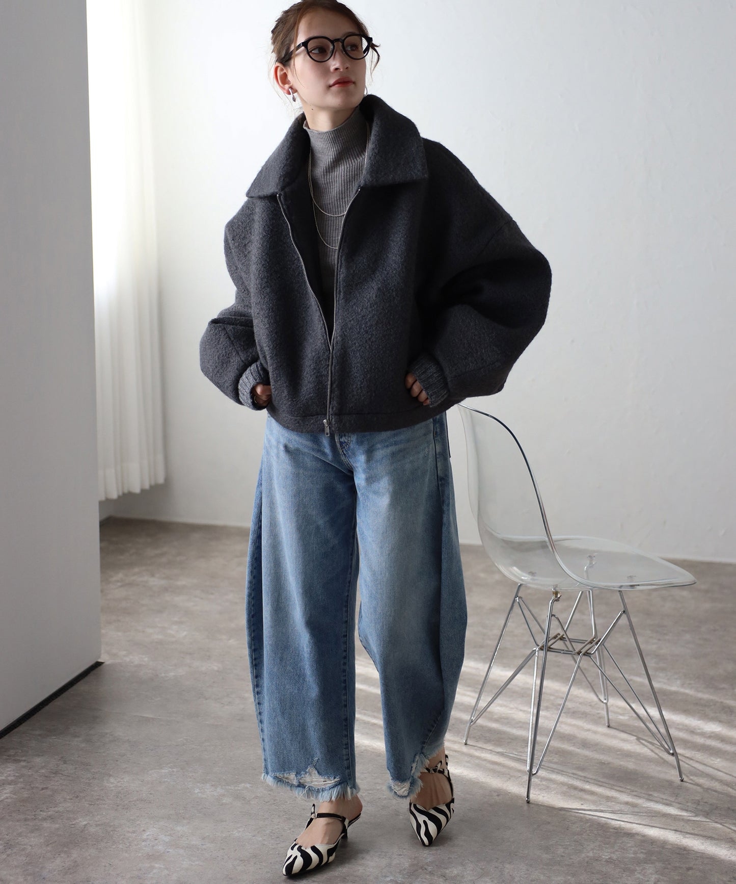 ショート丈 ボリュームスリーブ ボアジャケット