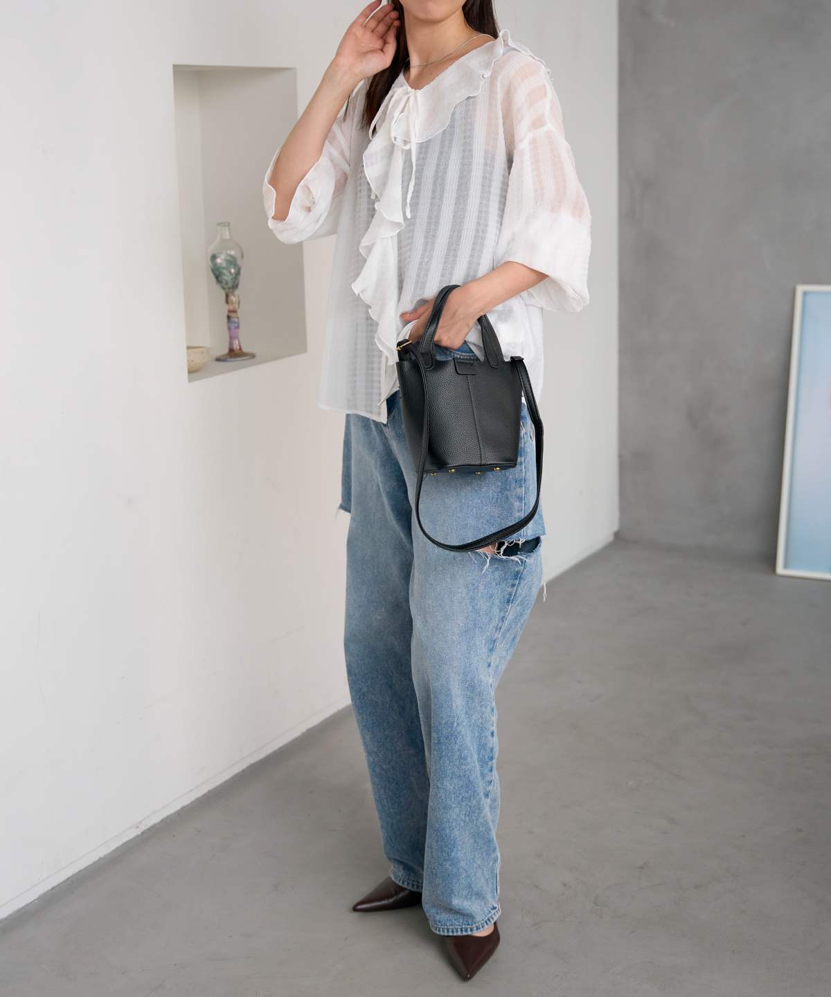 長袖シアーラッフルリボンブラウス
