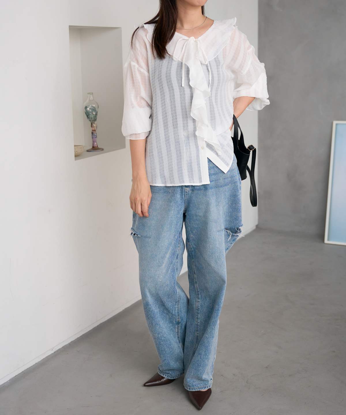 長袖シアーラッフルリボンブラウス