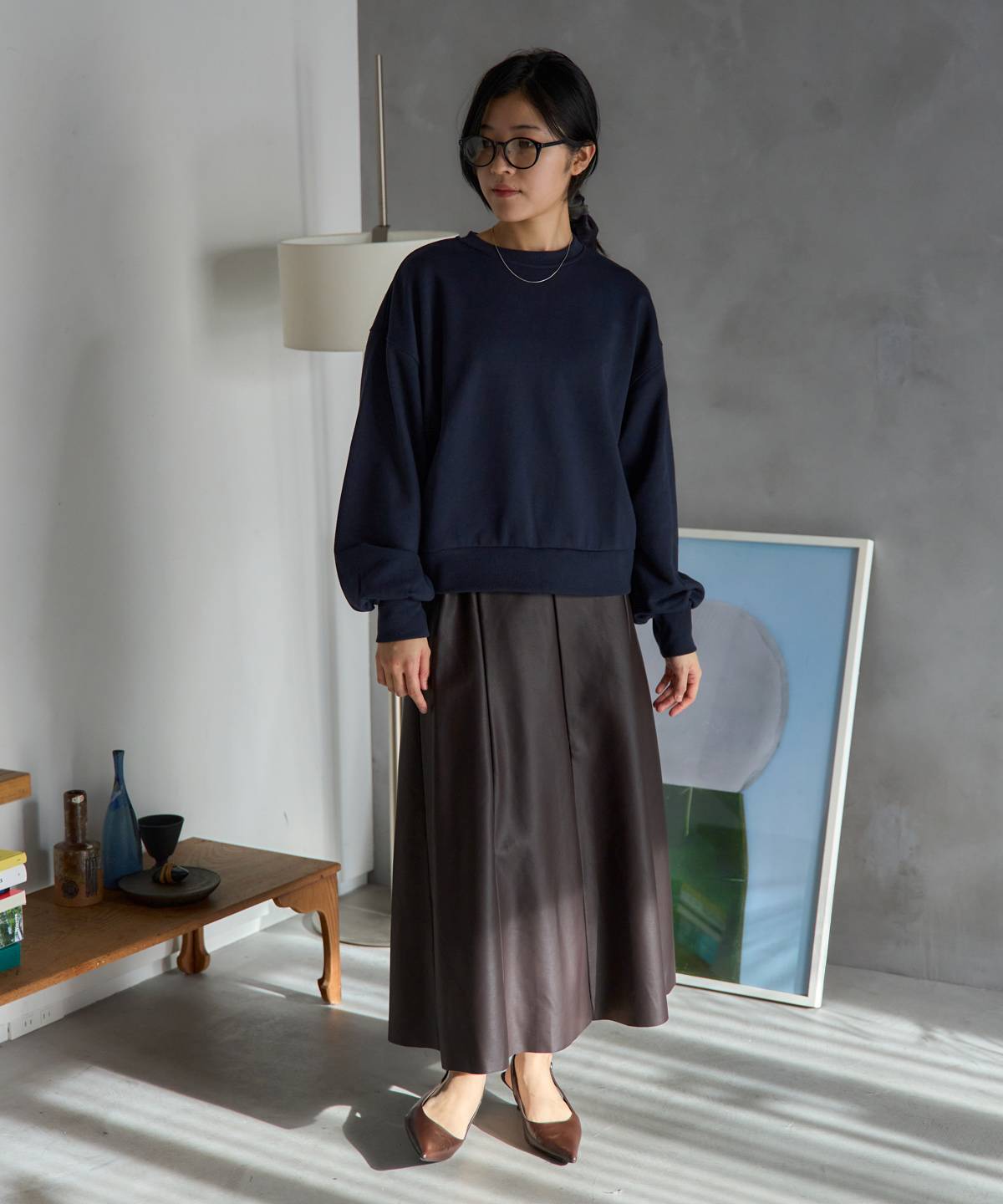 フェイクレザーフレアスカート〈セットアップ対応〉