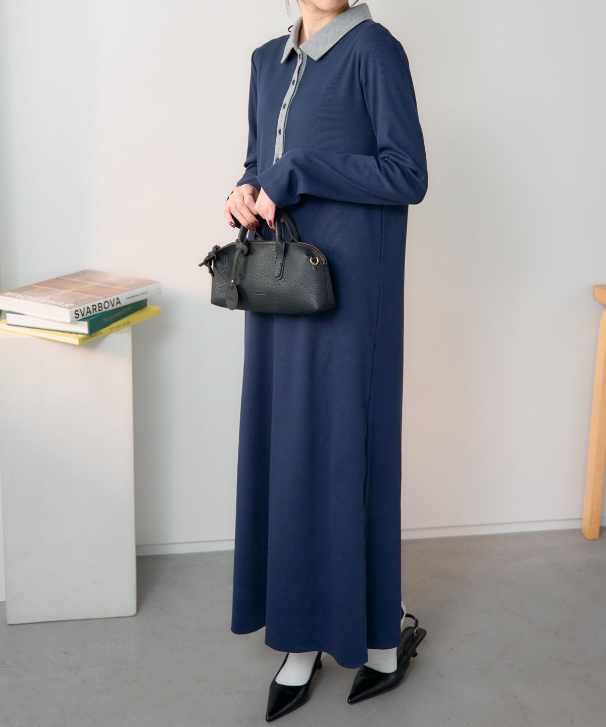 ポロ襟配色 リブロングワンピース