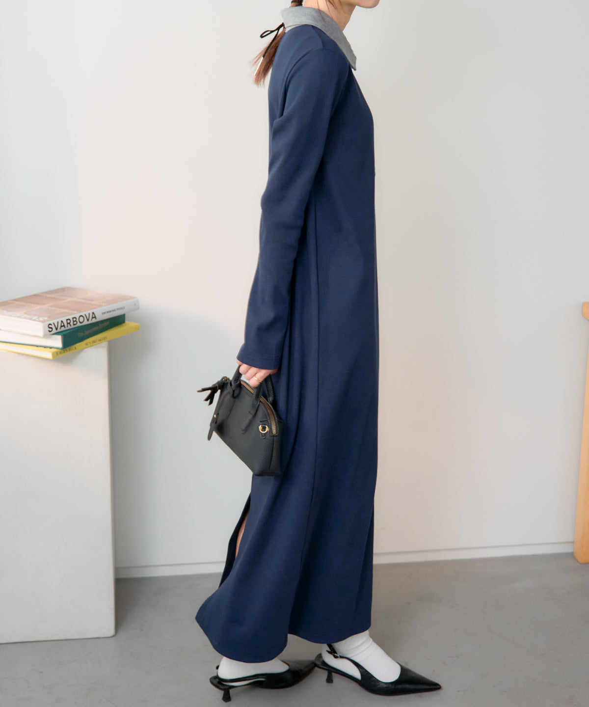 ポロ襟配色 リブロングワンピース