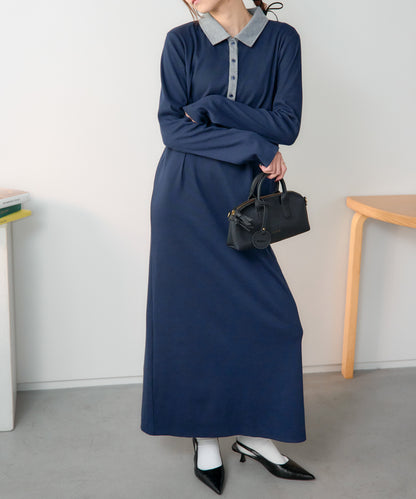 ポロ襟配色 リブロングワンピース