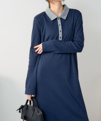 ポロ襟配色 リブロングワンピース