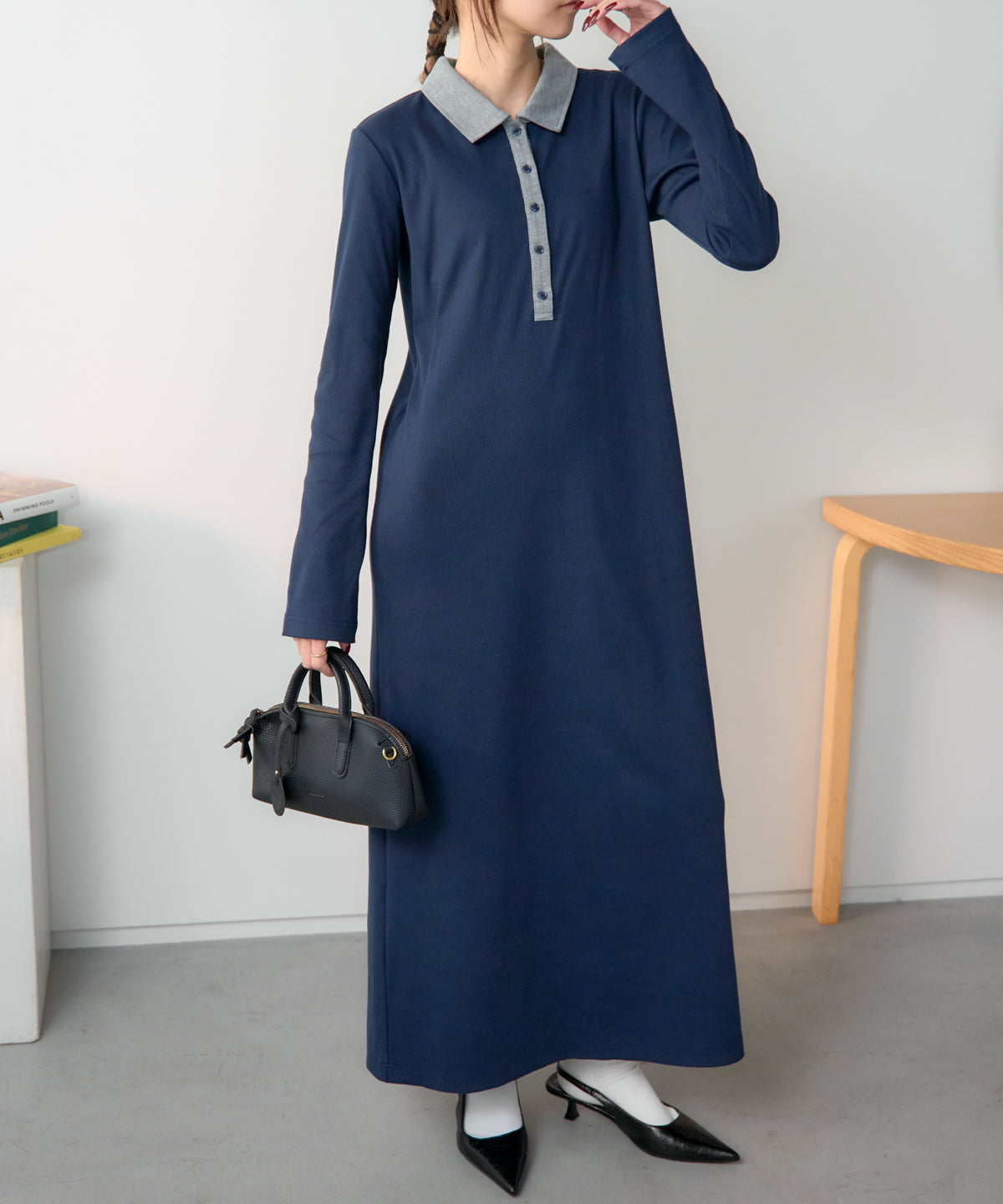 ポロ襟配色 リブロングワンピース