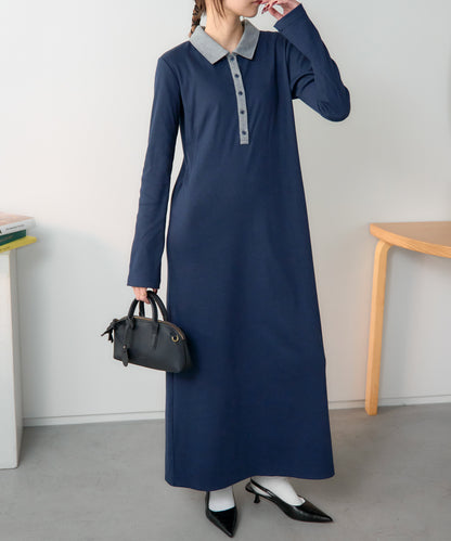ポロ襟配色 リブロングワンピース