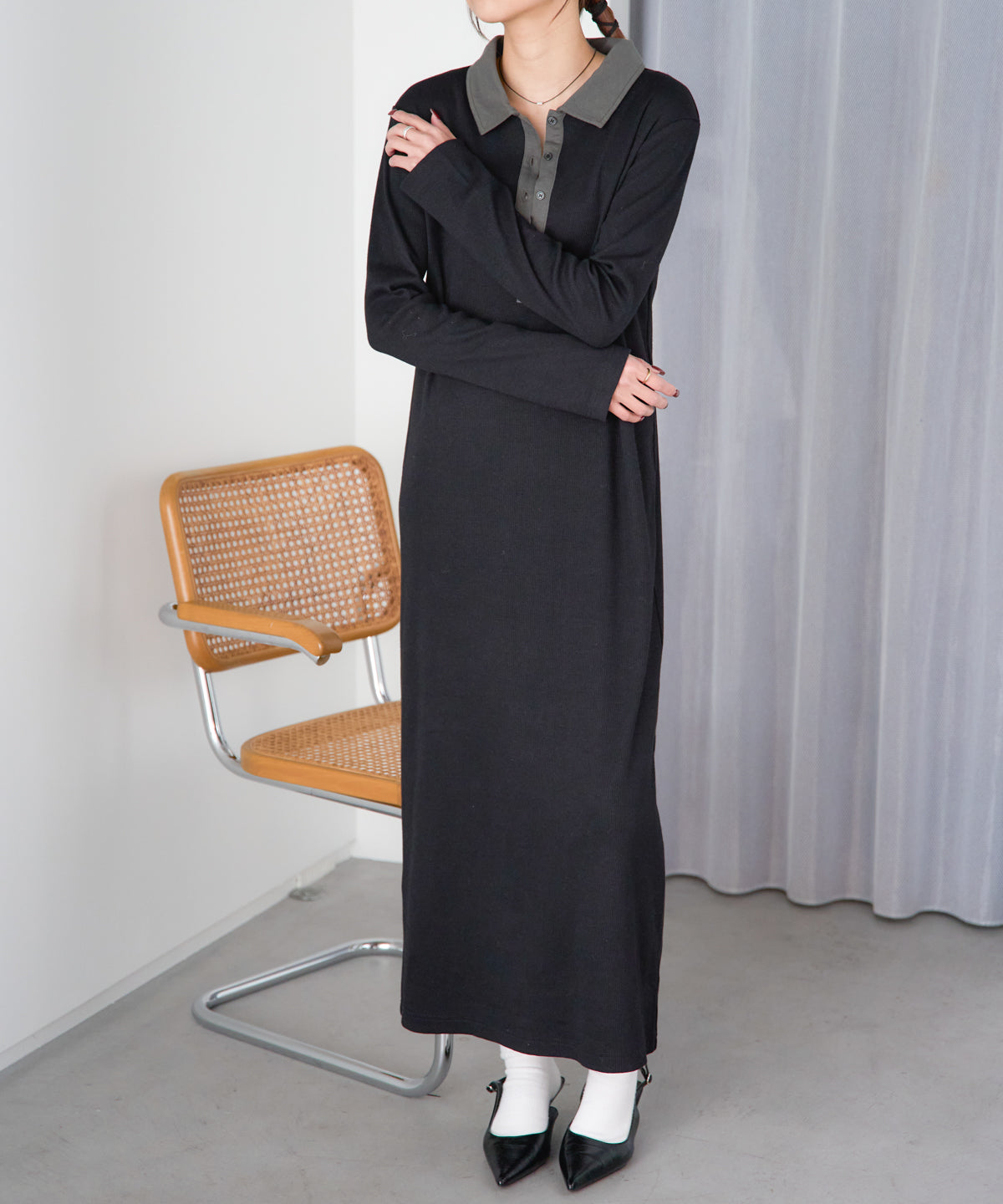 ポロ襟配色 リブロングワンピース