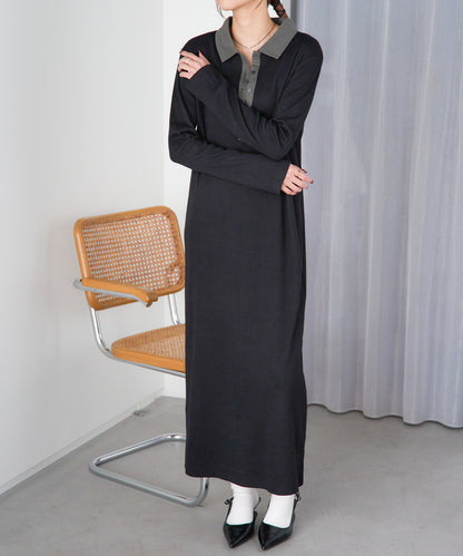 ポロ襟配色 リブロングワンピース