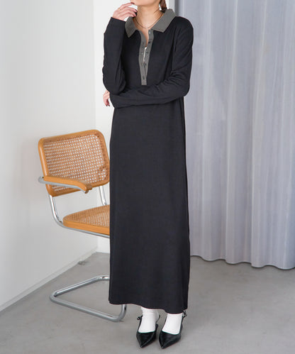 ポロ襟配色 リブロングワンピース