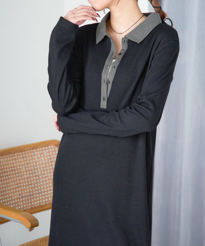ポロ襟配色 リブロングワンピース