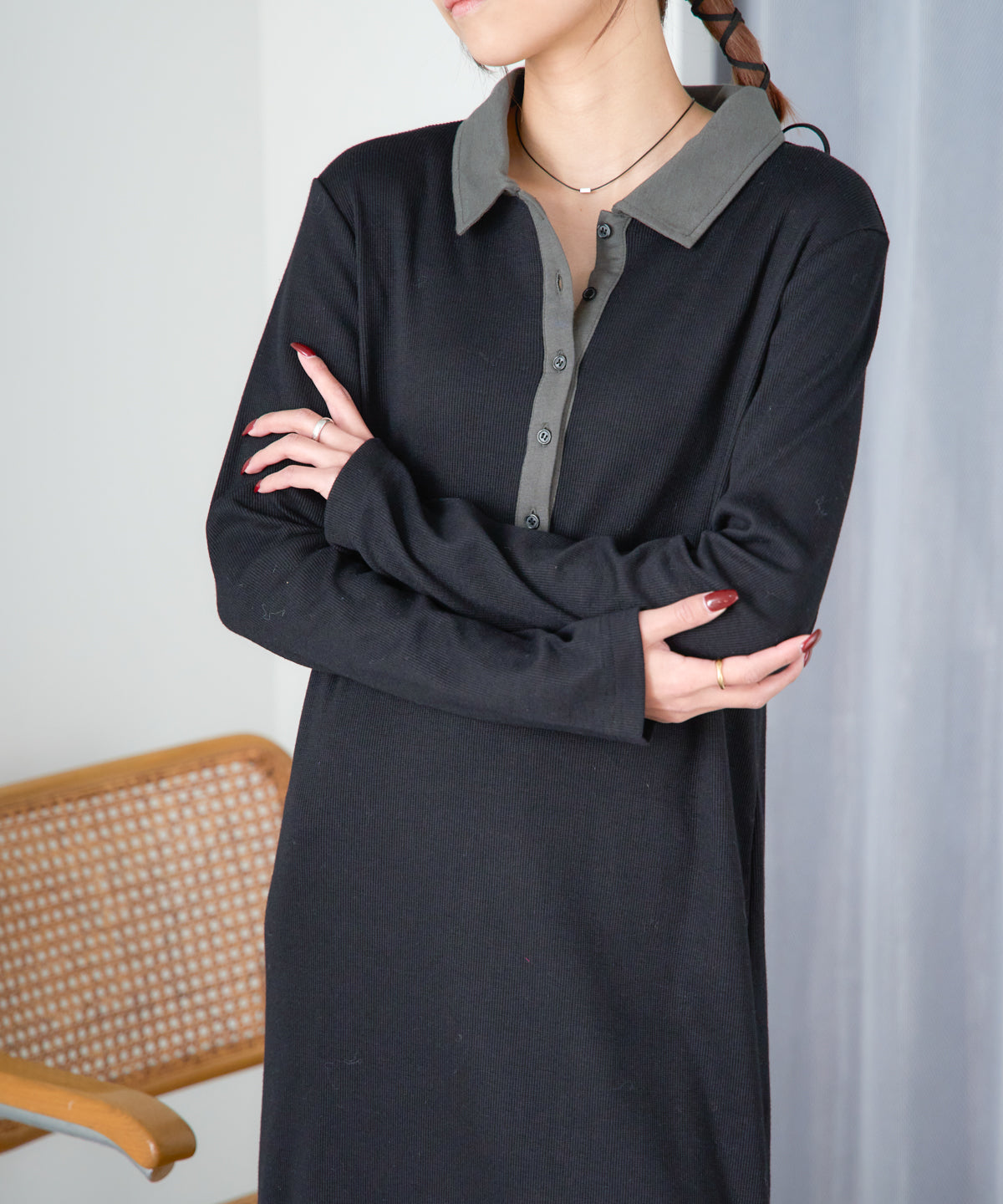 ポロ襟配色 リブロングワンピース