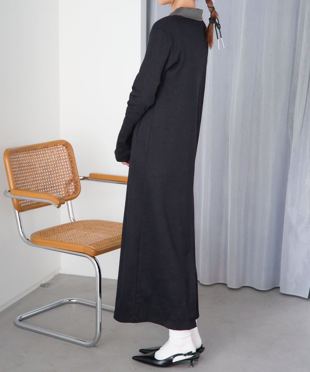 ポロ襟配色 リブロングワンピース