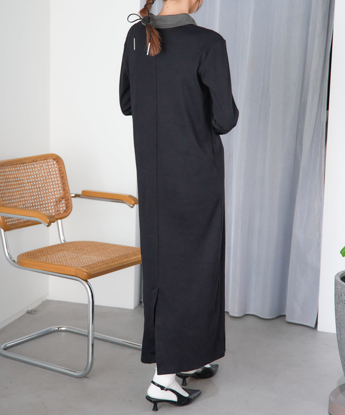 ポロ襟配色 リブロングワンピース