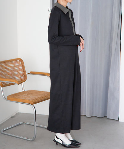 ポロ襟配色 リブロングワンピース