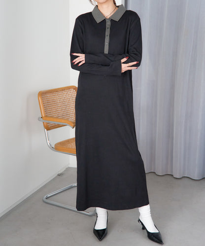 ポロ襟配色 リブロングワンピース