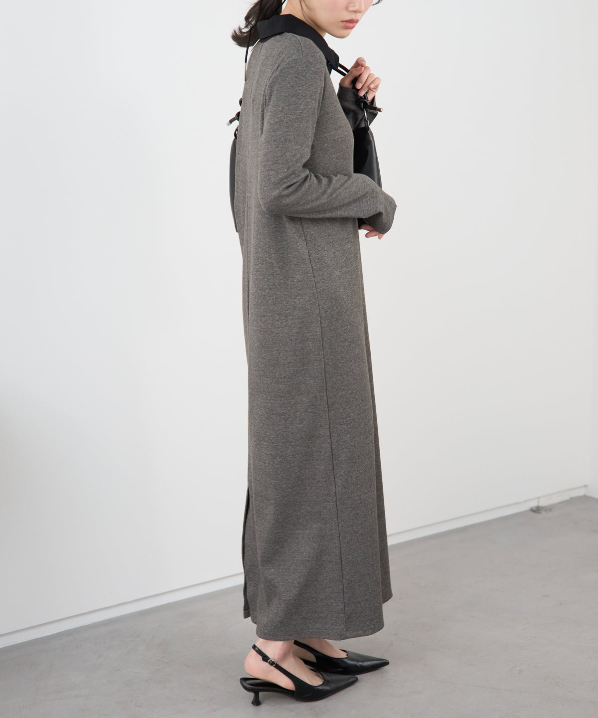 ポロ襟配色 リブロングワンピース