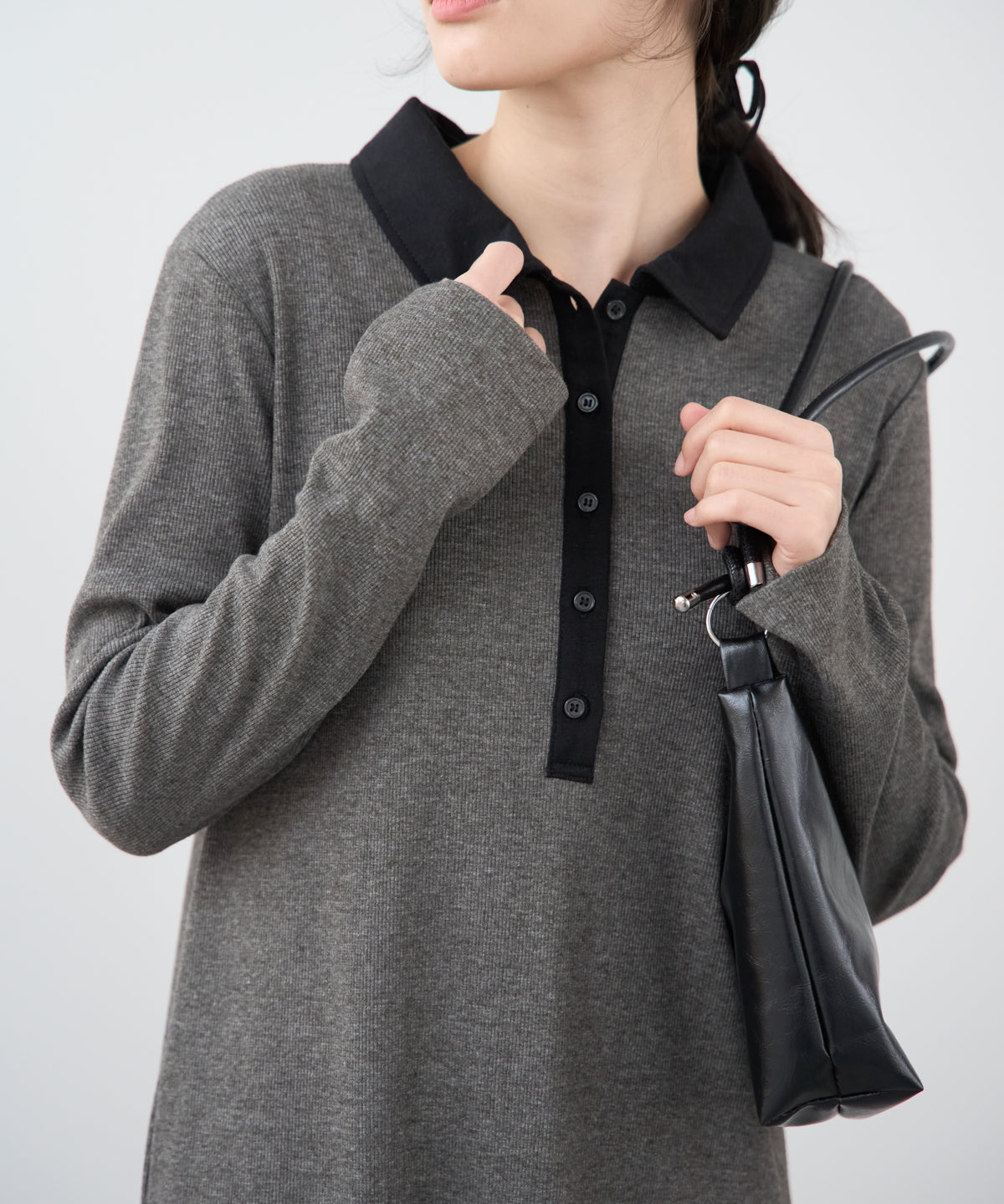 ポロ襟配色 リブロングワンピース