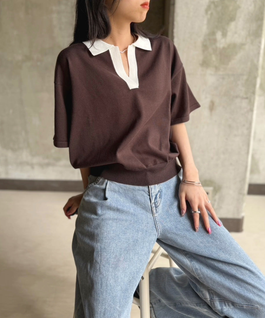 ポロ襟 スキッパー 半袖ニットプルオーバー