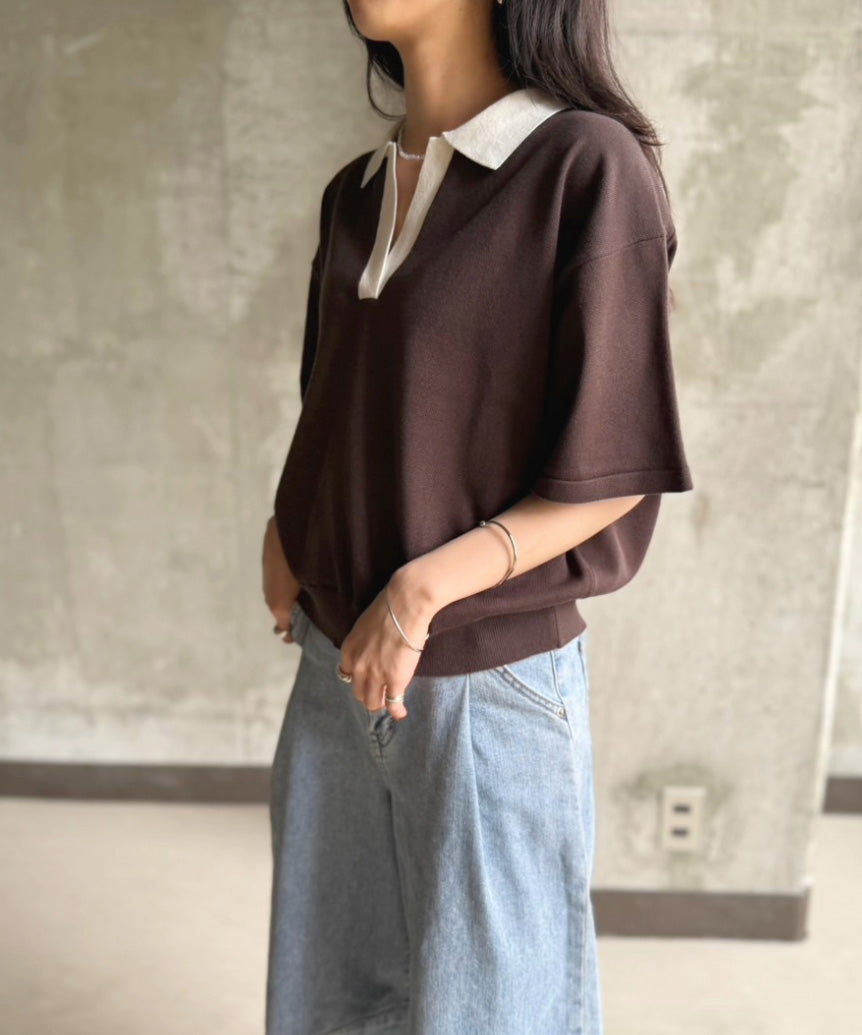 ポロ襟 スキッパー 半袖ニットプルオーバー