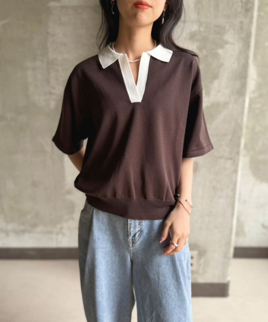 ポロ襟 スキッパー 半袖ニットプルオーバー