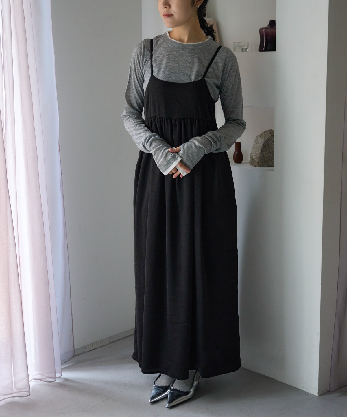 ワッシャーサテンギャザーキャミワンピース