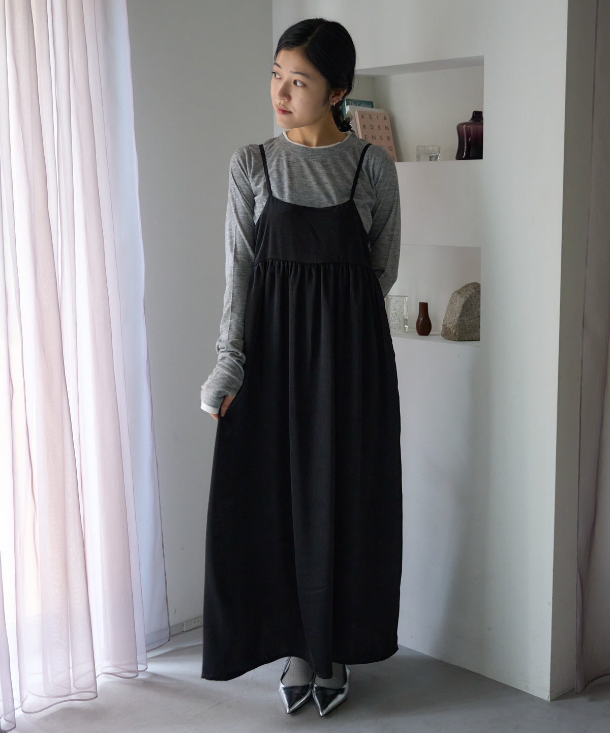 ワッシャーサテンギャザーキャミワンピース