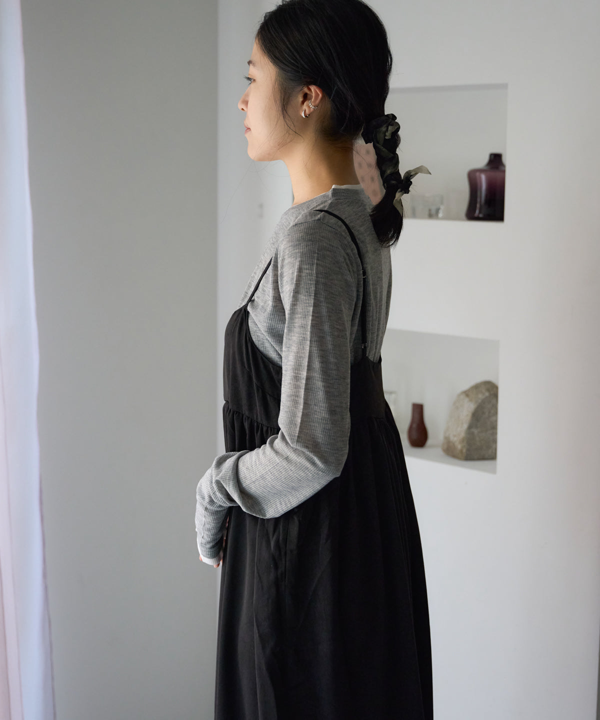 ワッシャーサテンギャザーキャミワンピース