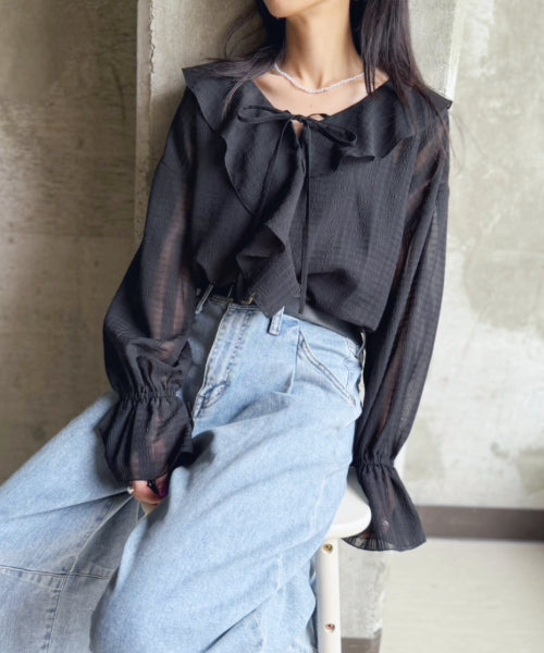 長袖シアーラッフルリボンブラウス