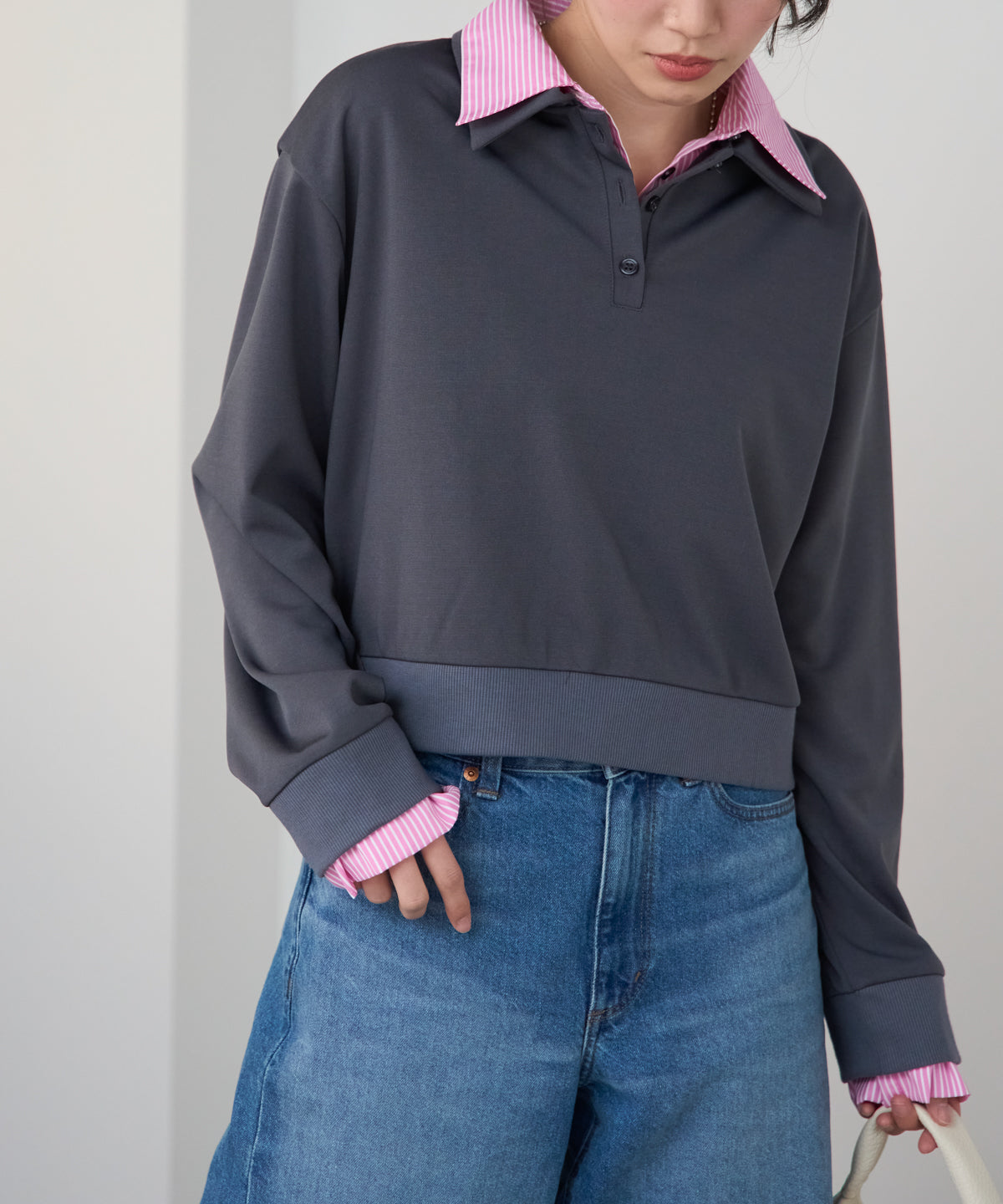 シャツレイヤード風ポンチ長袖プルオーバー