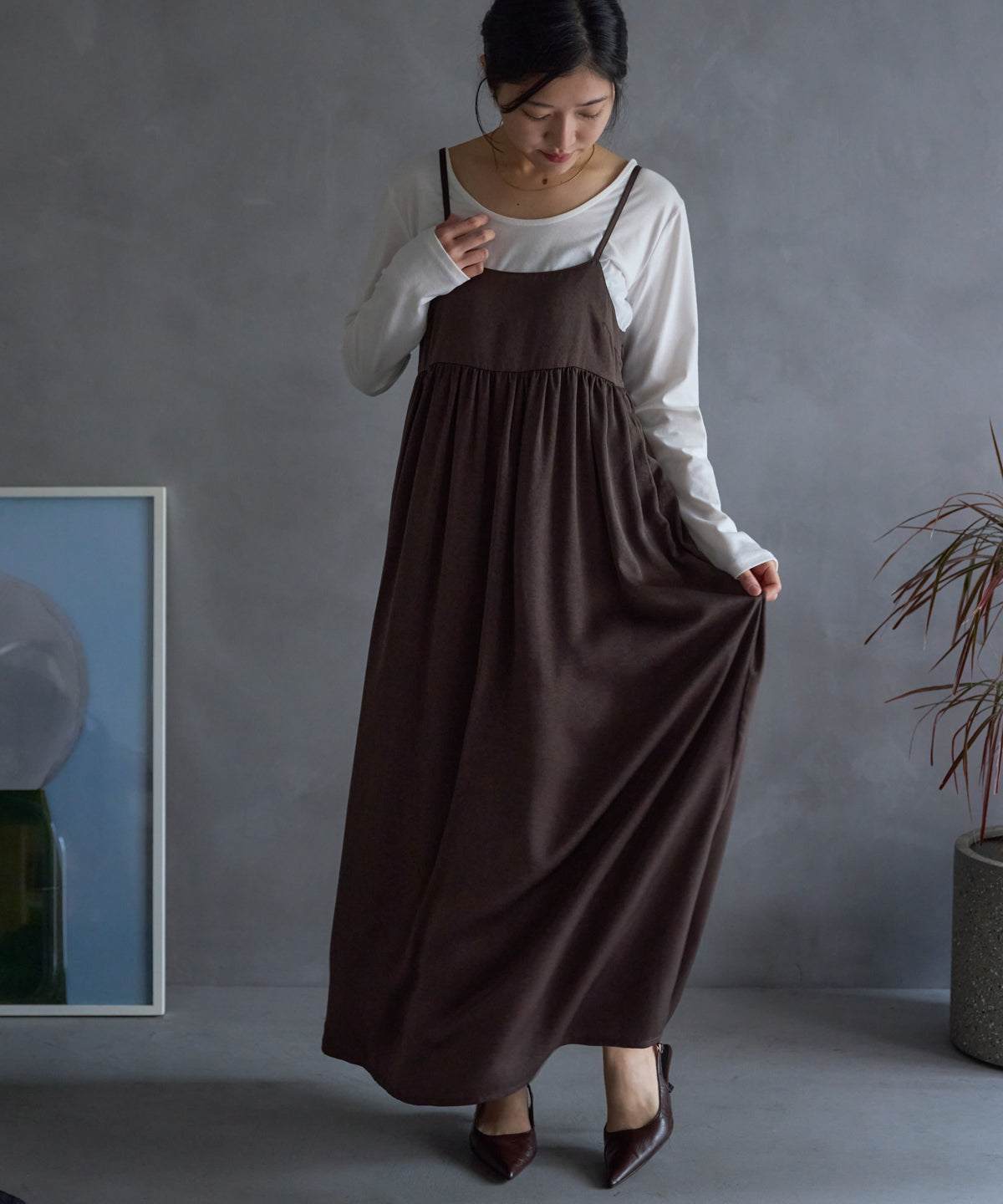 ワッシャーサテンギャザーキャミワンピース