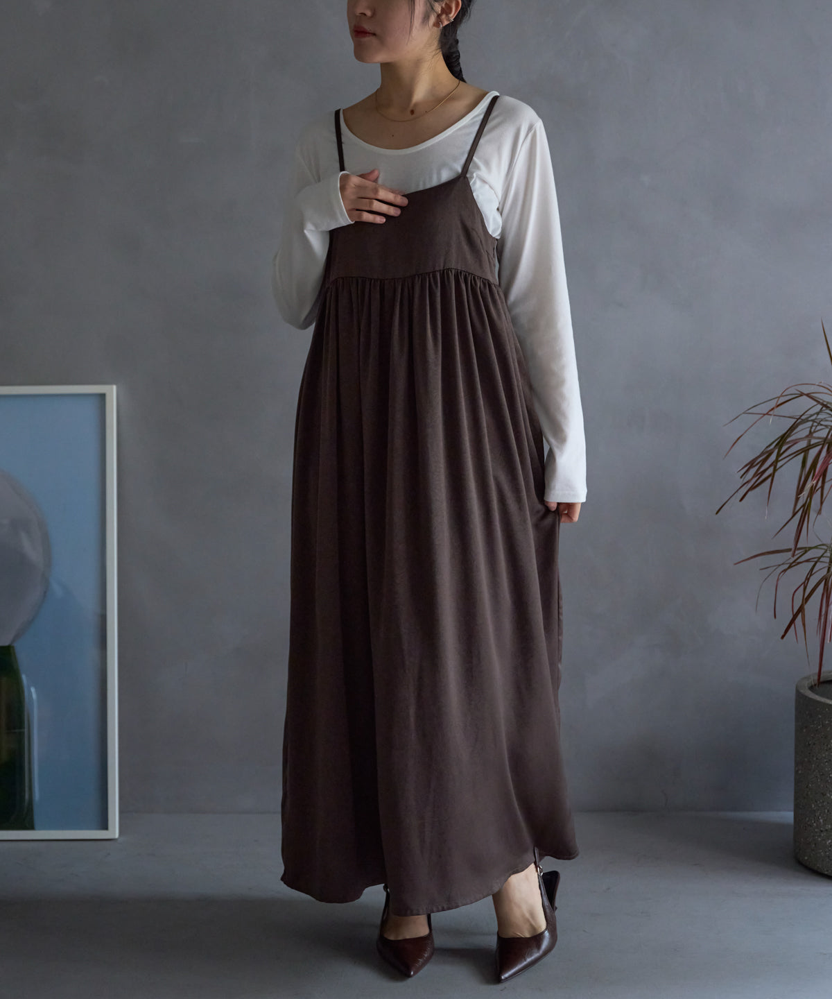 ワッシャーサテンギャザーキャミワンピース