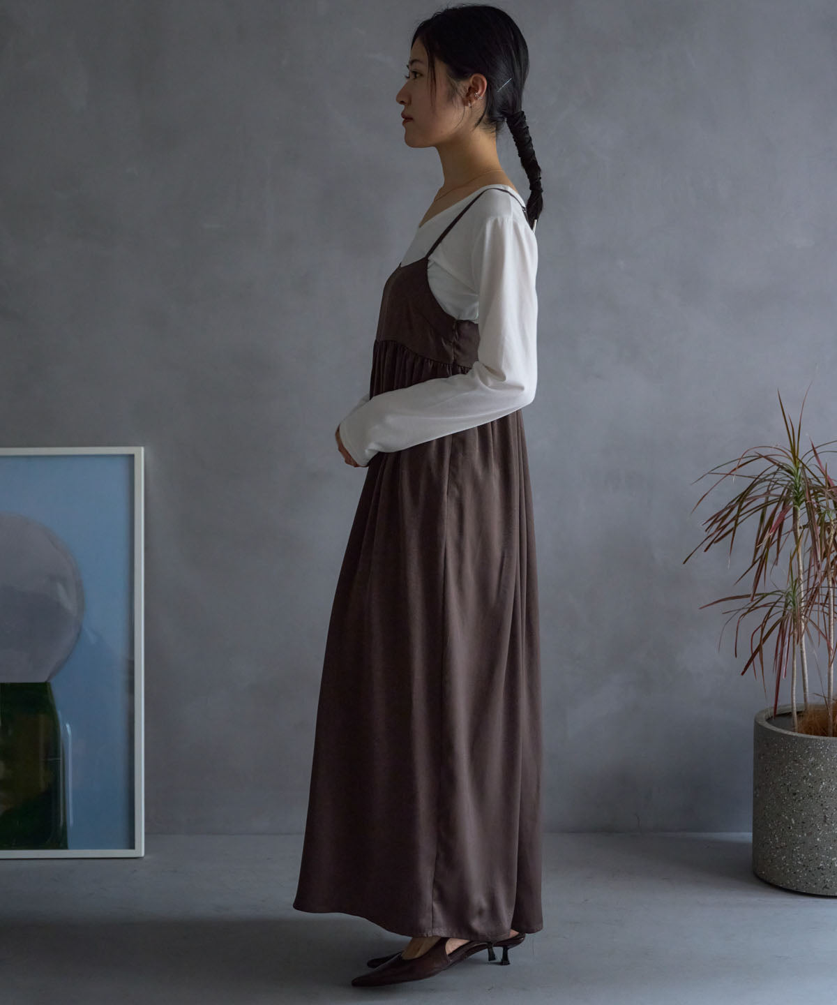 ワッシャーサテンギャザーキャミワンピース