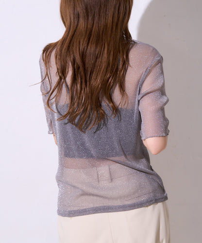 シアーハイネックラメ 五分袖T/半袖
