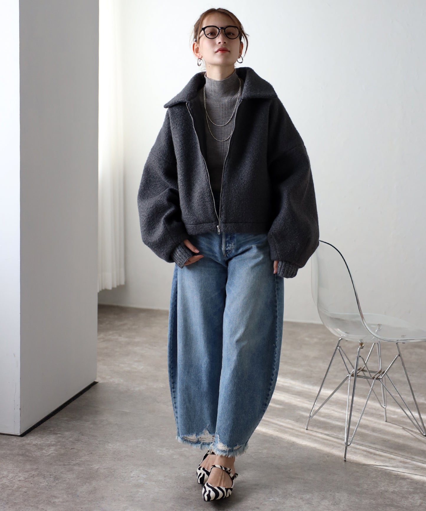 ショート丈 ボリュームスリーブ ボアジャケット