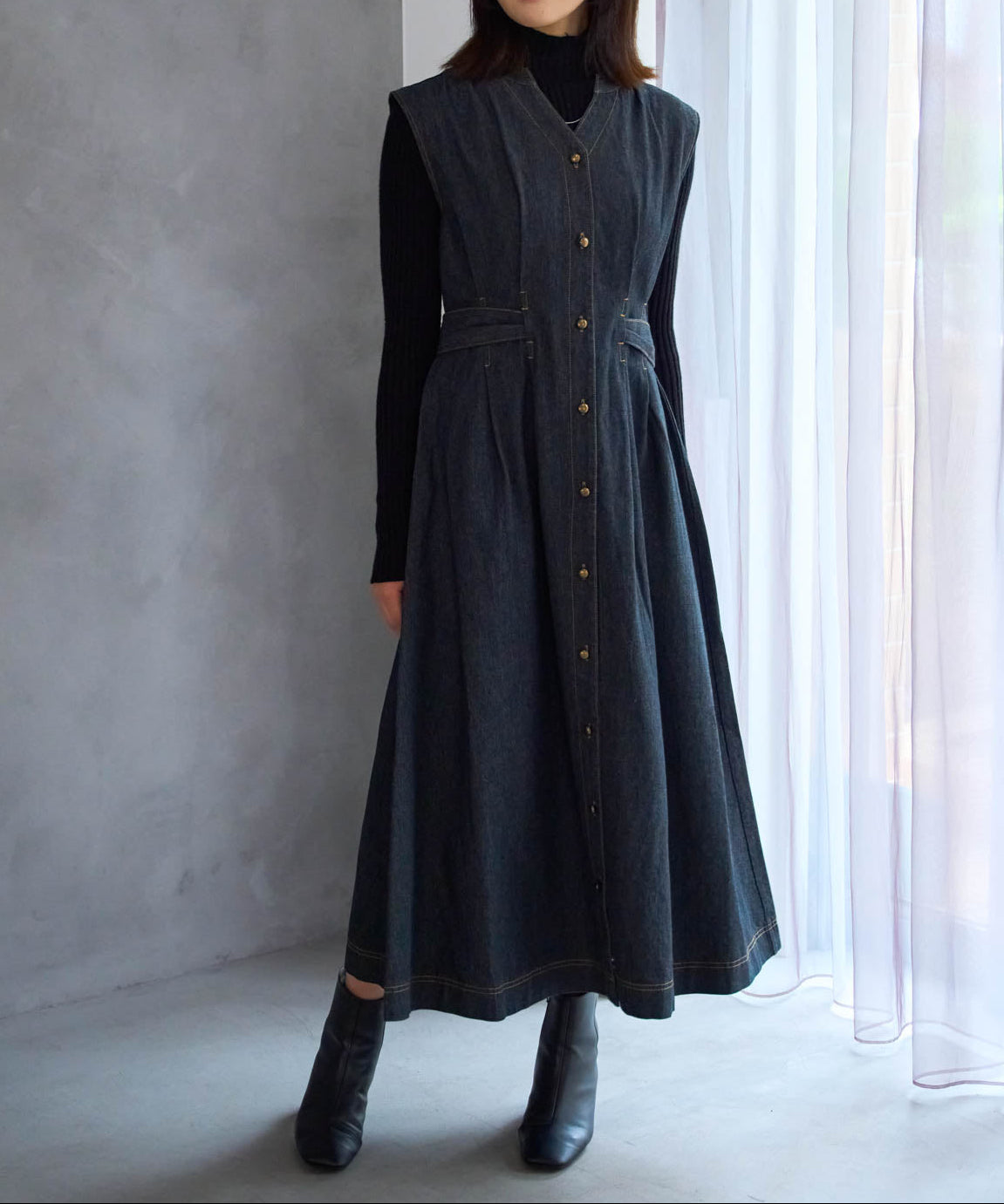 ウエストリボンデニムワンピース