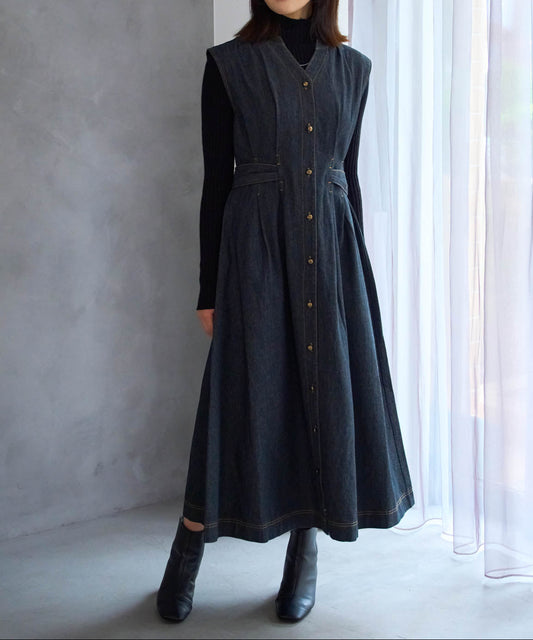 ウエストリボンデニムワンピース