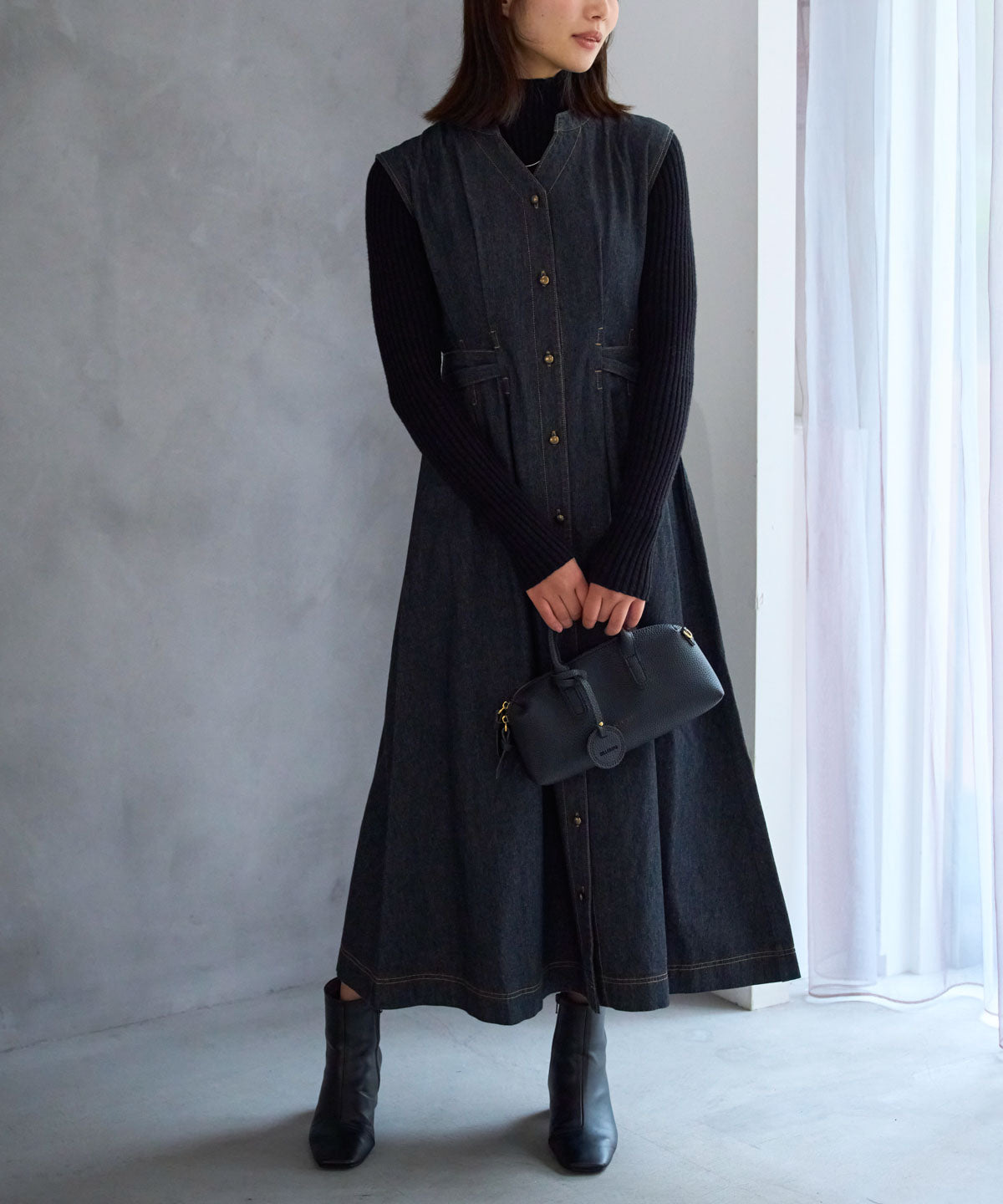 ウエストリボンデニムワンピース