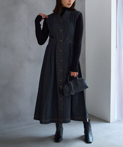 ウエストリボンデニムワンピース