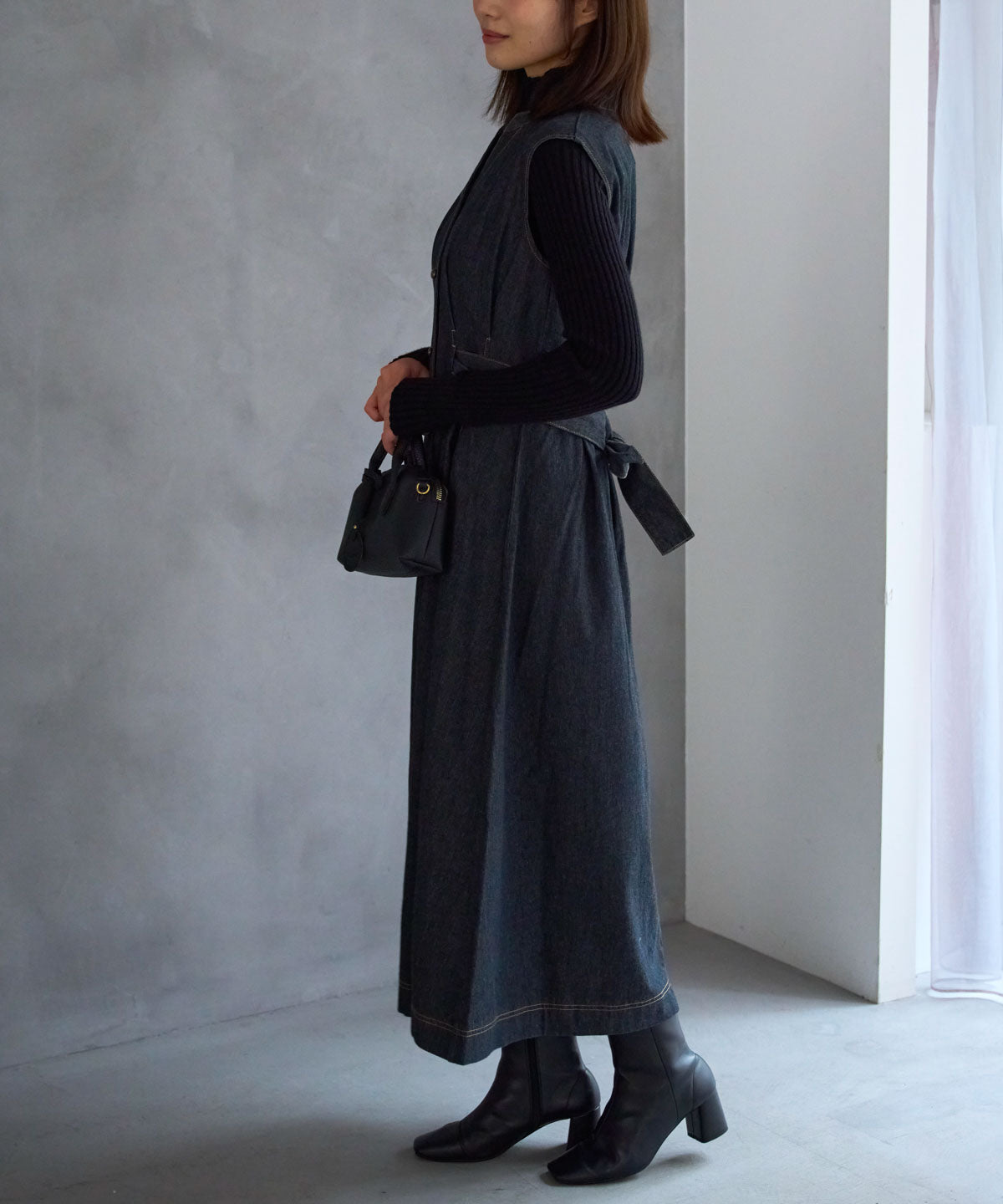 ウエストリボンデニムワンピース