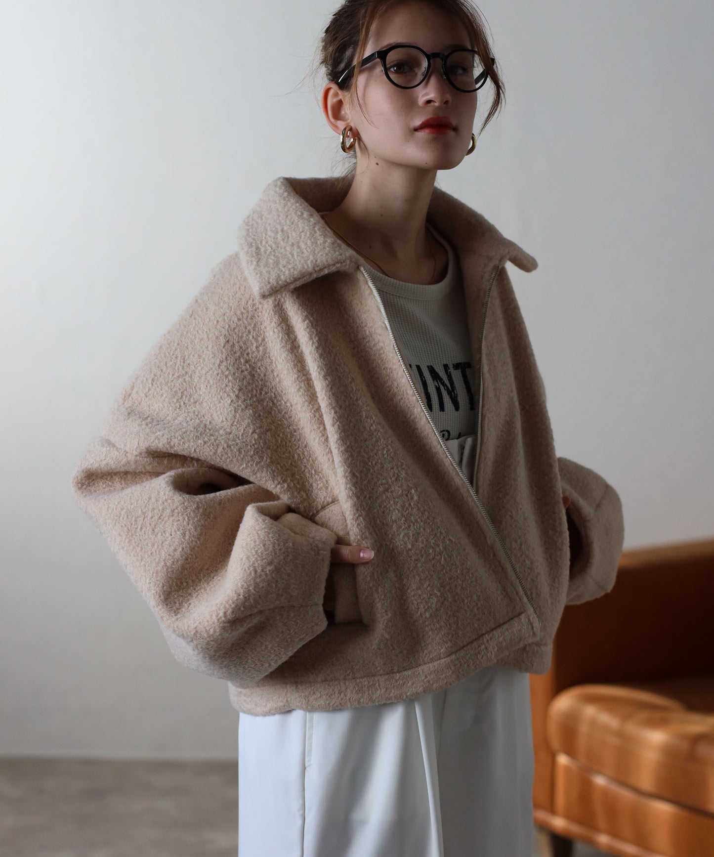 ショート丈 ボリュームスリーブ ボアジャケット