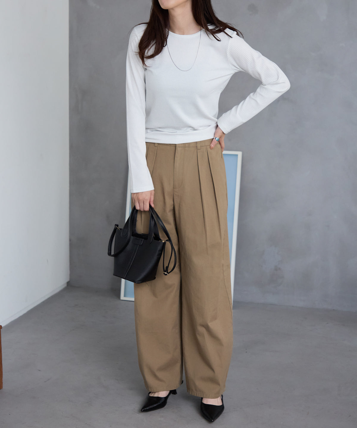 ラメテレコリブ長袖トップス